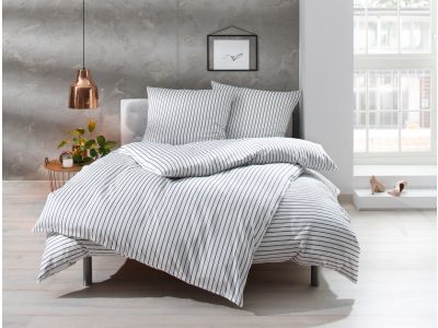 Bettwaesche-mit-Stil Mako Satin Streifen Bettwäsche 155x220 „Den Haag“ grau weiß gestreift