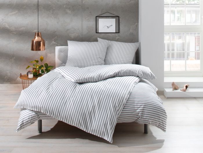 Bettwaesche-mit-Stil Mako Satin Streifen Bettwäsche „Den Haag“ grau weiß gestreift